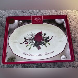 NIB Lenox Festive Platter / Seasonal Tray with Red Cardinal on Cream